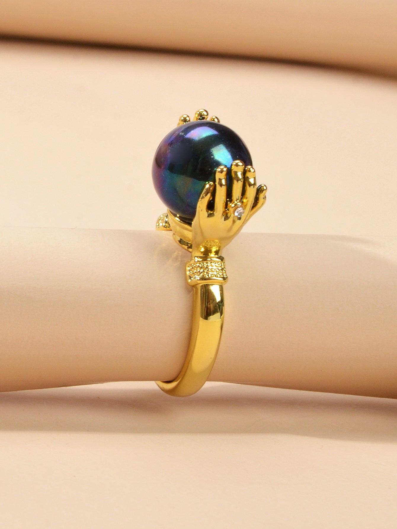 Anniversary Wedding Unique Blue Beads Gold Hand Dome Ring Retro Women Teens Band