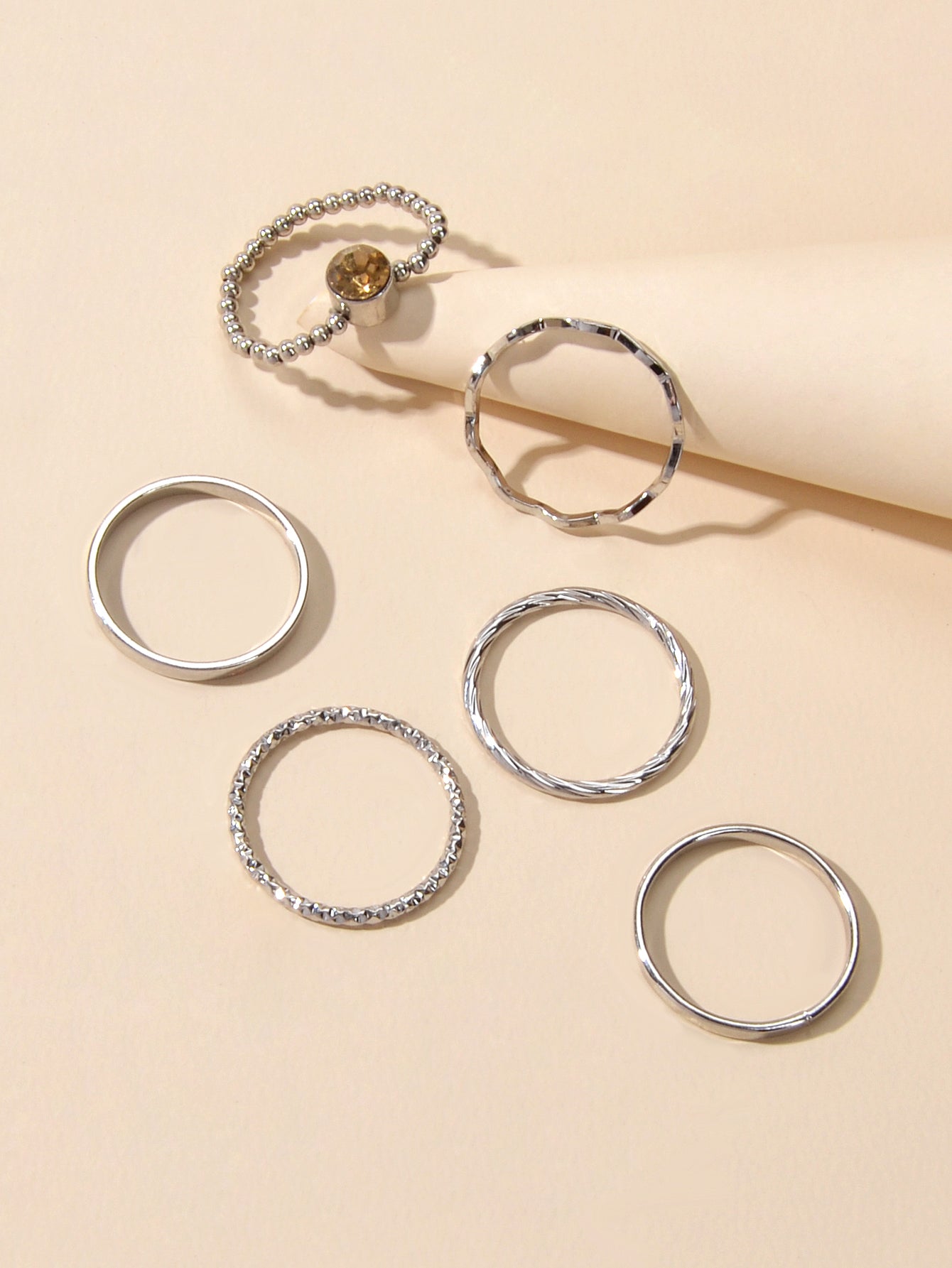 Stackable 6 pcs Rhinestone Decor Silver Finger Ring set Multiple Rings Bulk Pack