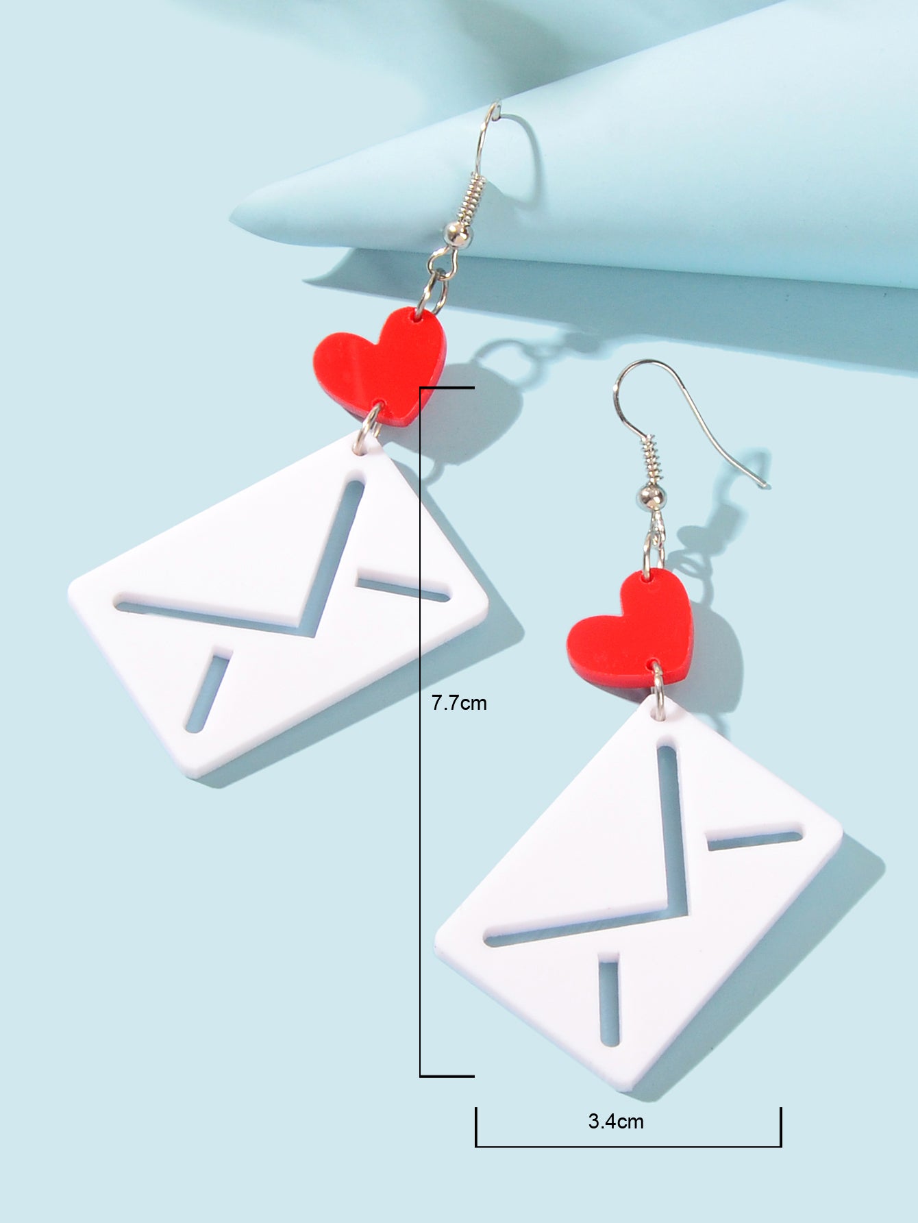 Funny Cute Red Heart White Envelope Acrylic Hook Earrings Costume Accessory Gift
