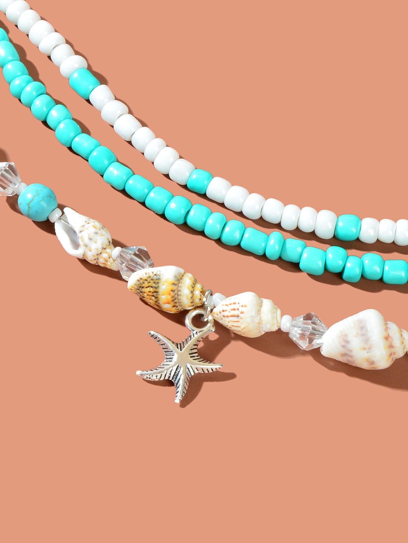 Bohemian Handmade Seed Beads Layered Shell Starfish Charm Anklets Set Holiday