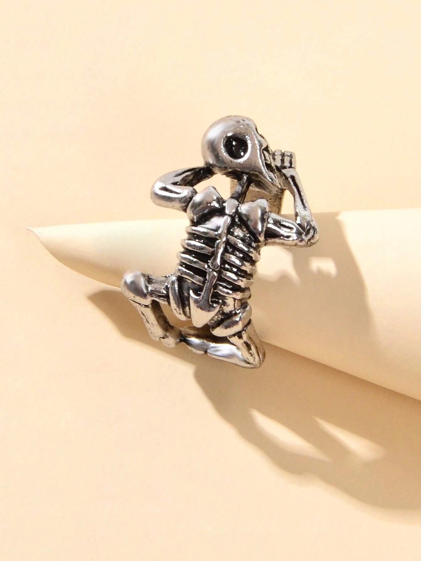 Punk Goth Hip Hop Antique Silver Skull Oxidized Vintage Statement Open Cuff Ring