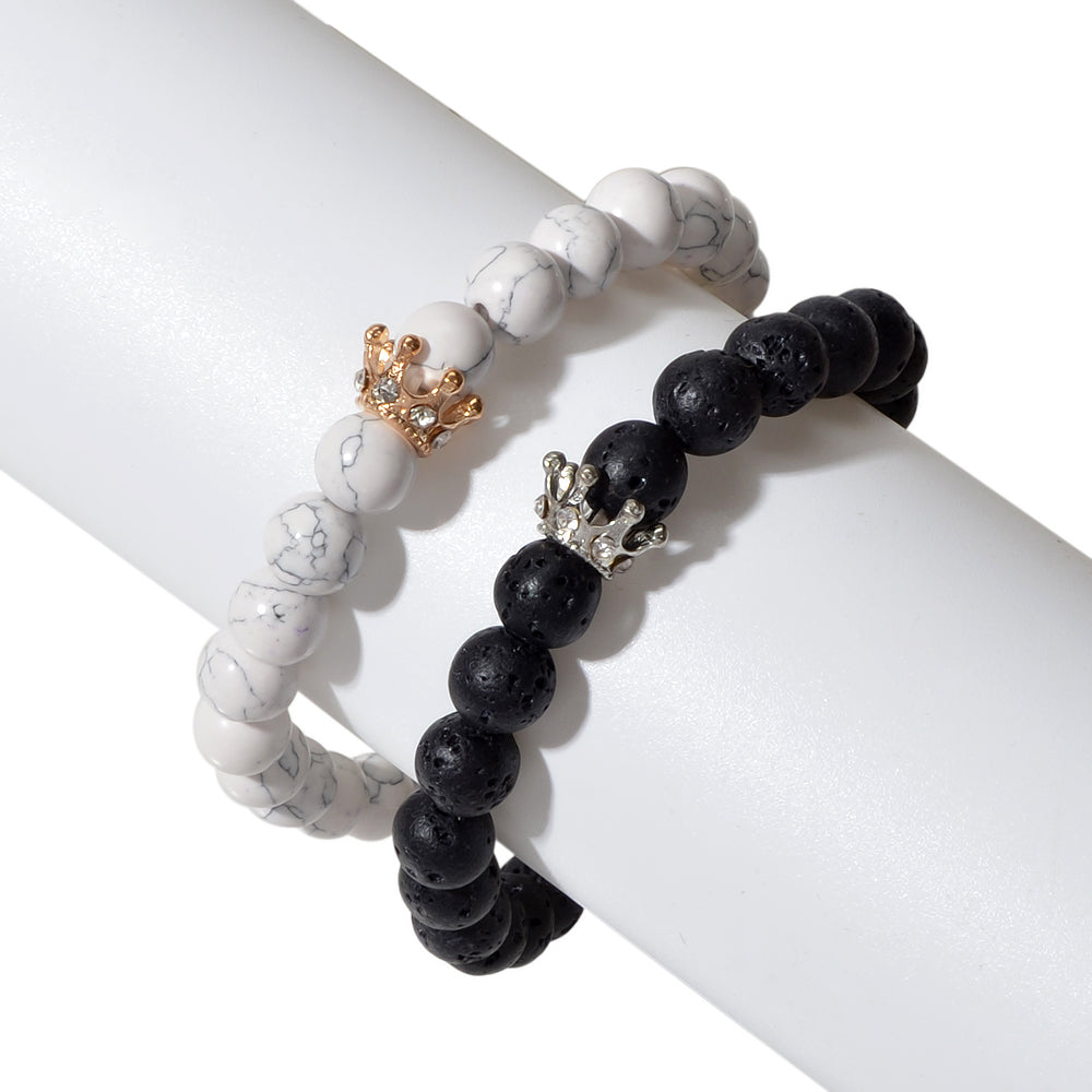 2pcs Crown Marble Lava Stone Beads Boho Ethnic Bracelet set Chunky Jewelry Gift