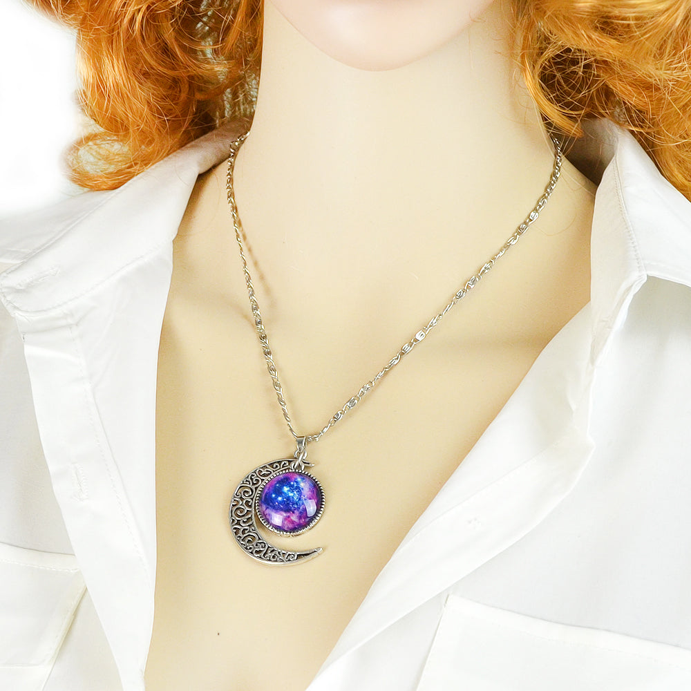 Tribal Ethnic Antique Silver Purple Blue Starry Sky Round Moon Pendant Necklace