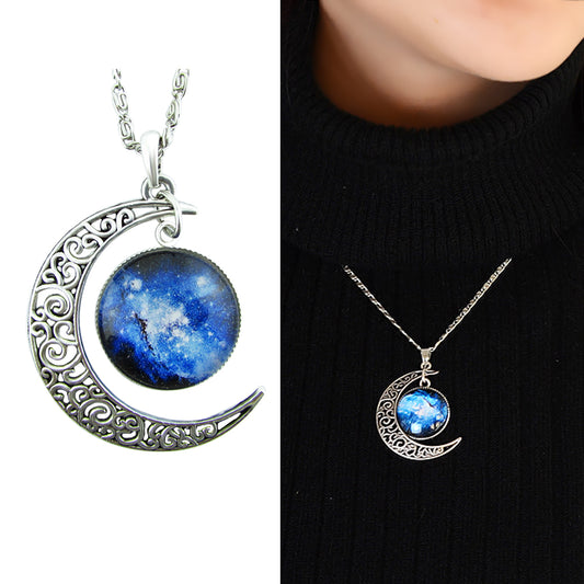 Tribal Ethnic Antique Silver Purple Blue Starry Sky Round Moon Pendant Necklace