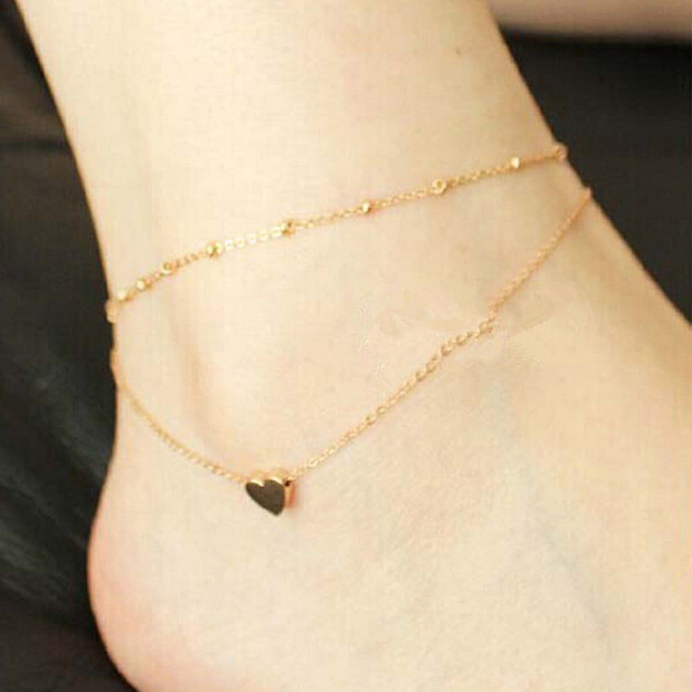 1 pc Beach Foot Jewellery Double layer Gold Chain Heart Charm Boho Chic Anklet