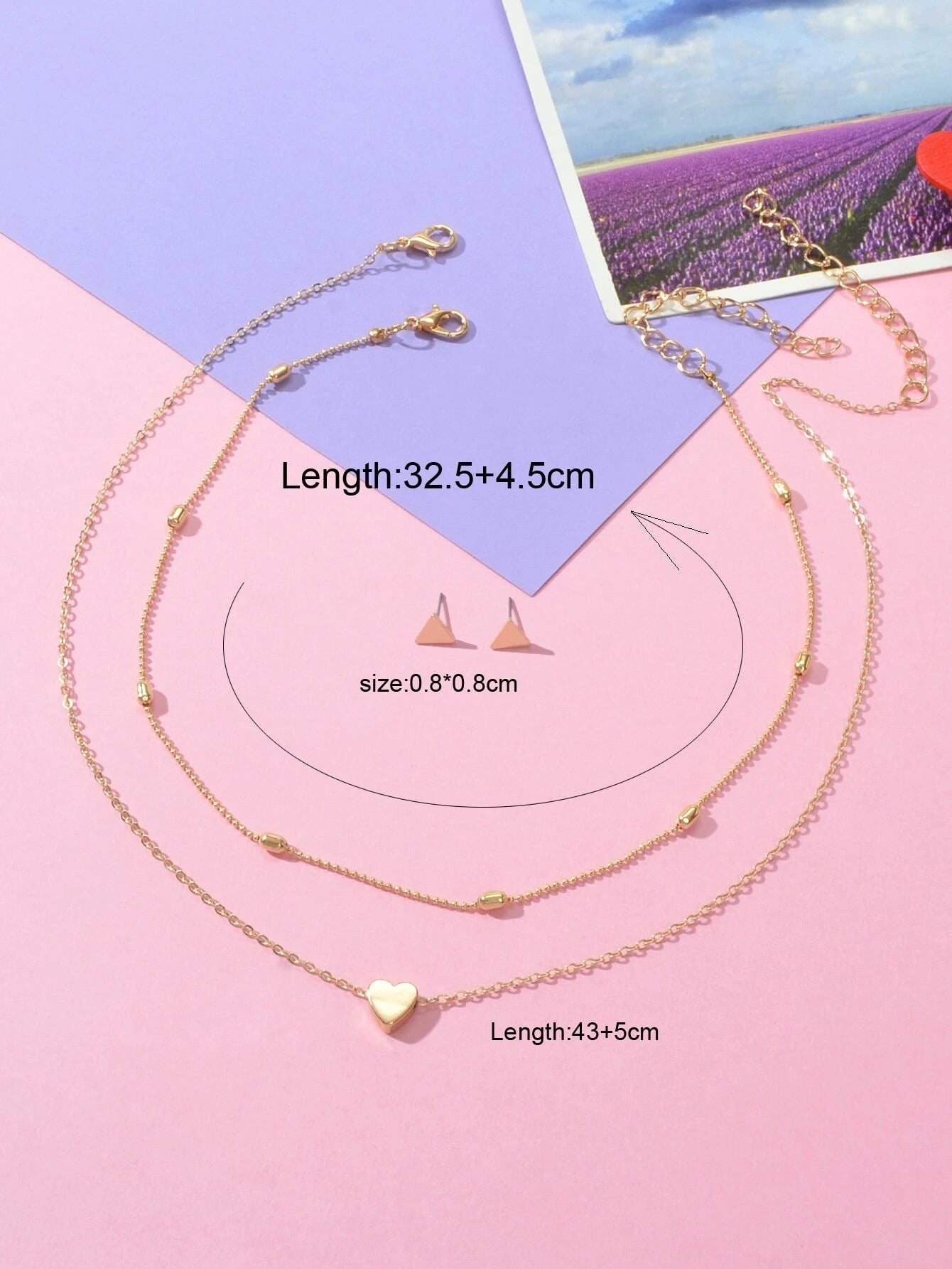 Double Layer Gold Chain Heart Charm Necklace Triangle Stud Earrings Jewelry Set