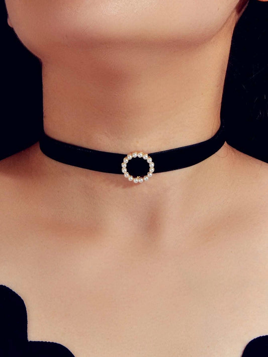 Retro Jewellery Pearl Decor Green Black Red Velvet Choker Necklace Accessories