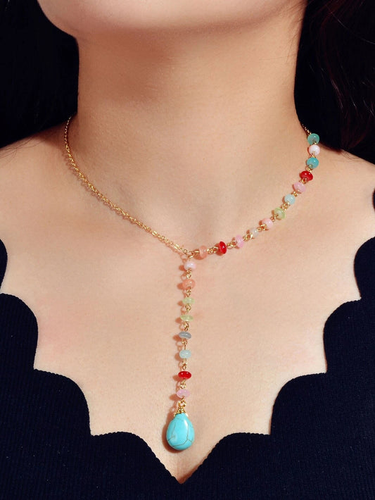 Boho Chic Handmade Colorful Beads Turquoise Water Drop Pendant Necklace Collar