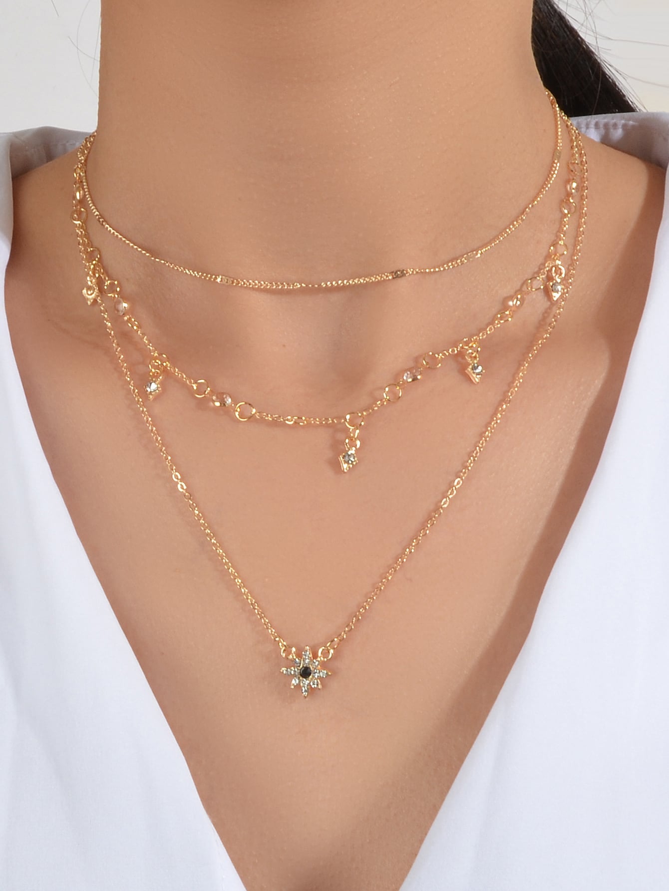 Awesome Teens Jewellery Gift Gold Layered Chain Rhinestone Flower Charm Necklace