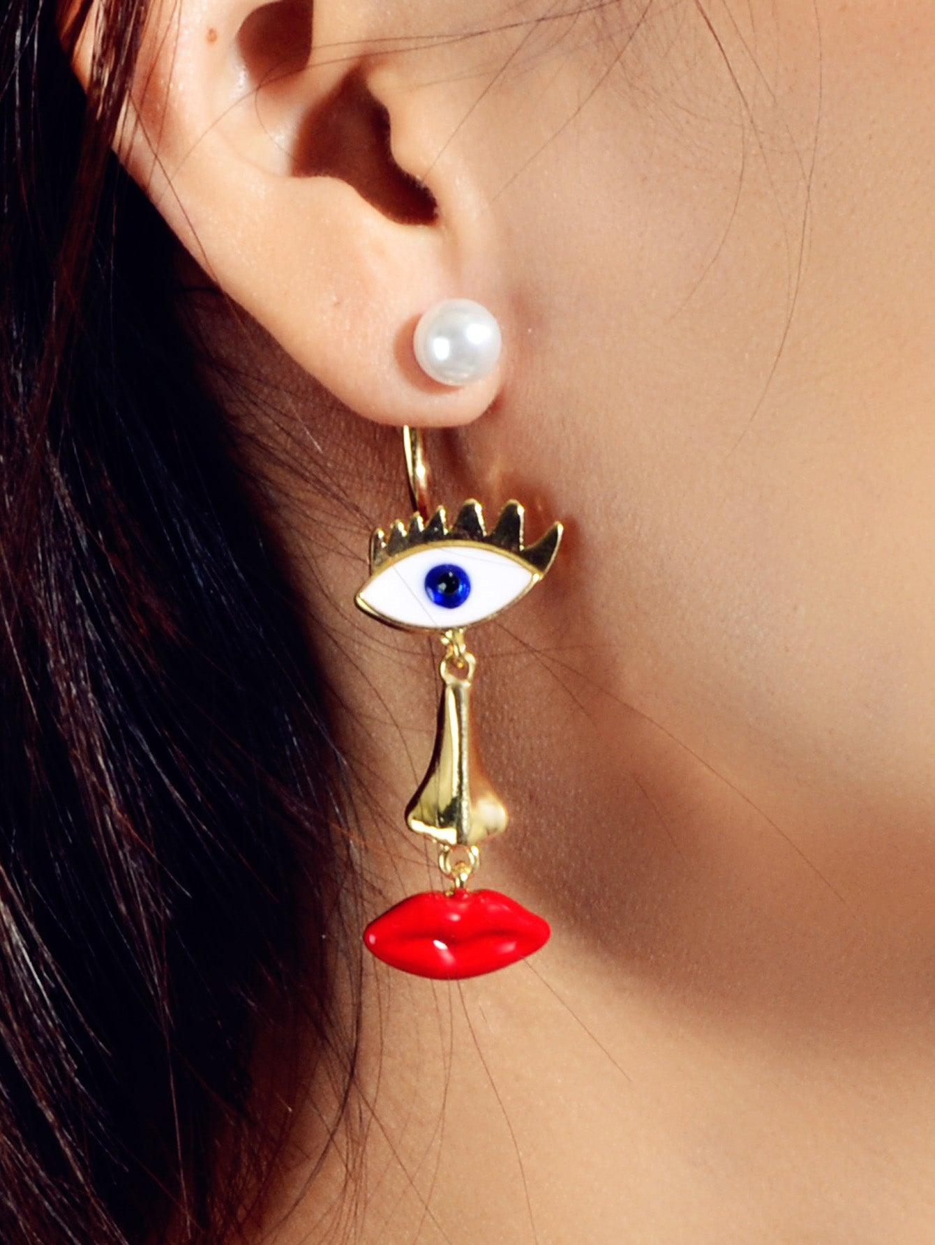 Grunge Rock Asymmetrical Eye Nose Red Lips Funny Weird Face Pearl Stud Earrings