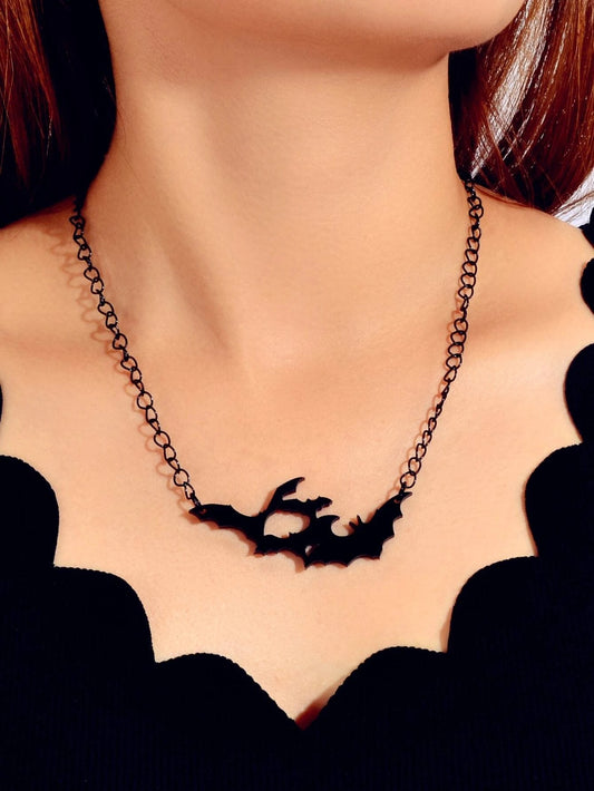Halloween Jewellery Black Acrylic Bat Statement Pendant Punk Necklace Accessory
