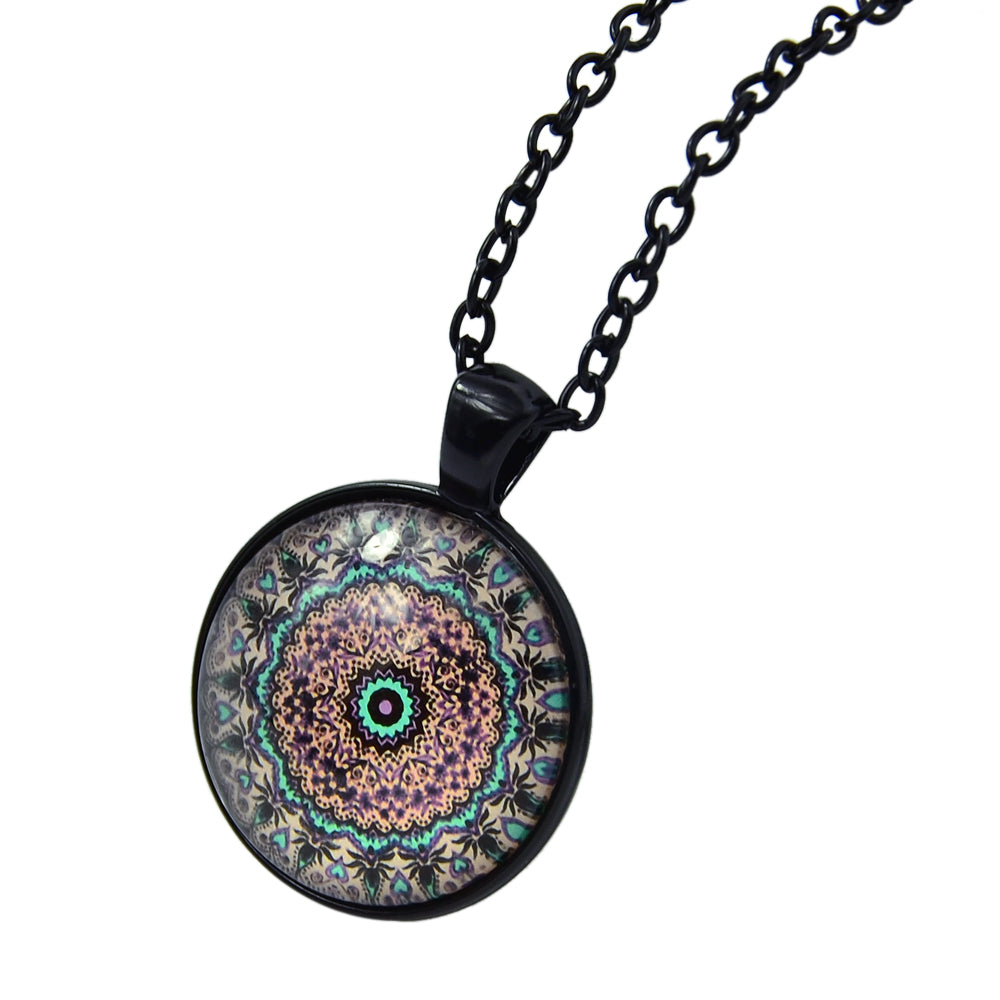 Retro Jewellery Ethnic Black Chain Geometric Mandala Round Pendant Boho Necklace