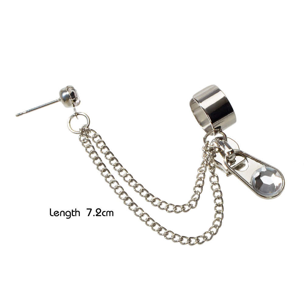 1pc Punk Silver Chain Rhinestone Zipper Shape Stud Cartilage Earrings Ear Cuff