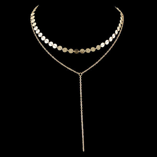 Gold Silver Double layer Round Disc Fringe Chain Necklace Tassel Collar Gift