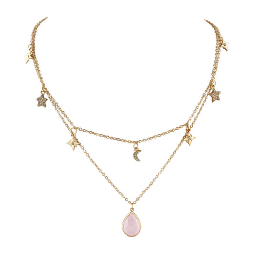 Fashion Double layer Gold Chain Rhinestone Star Moon Water Drop Pendant Necklace
