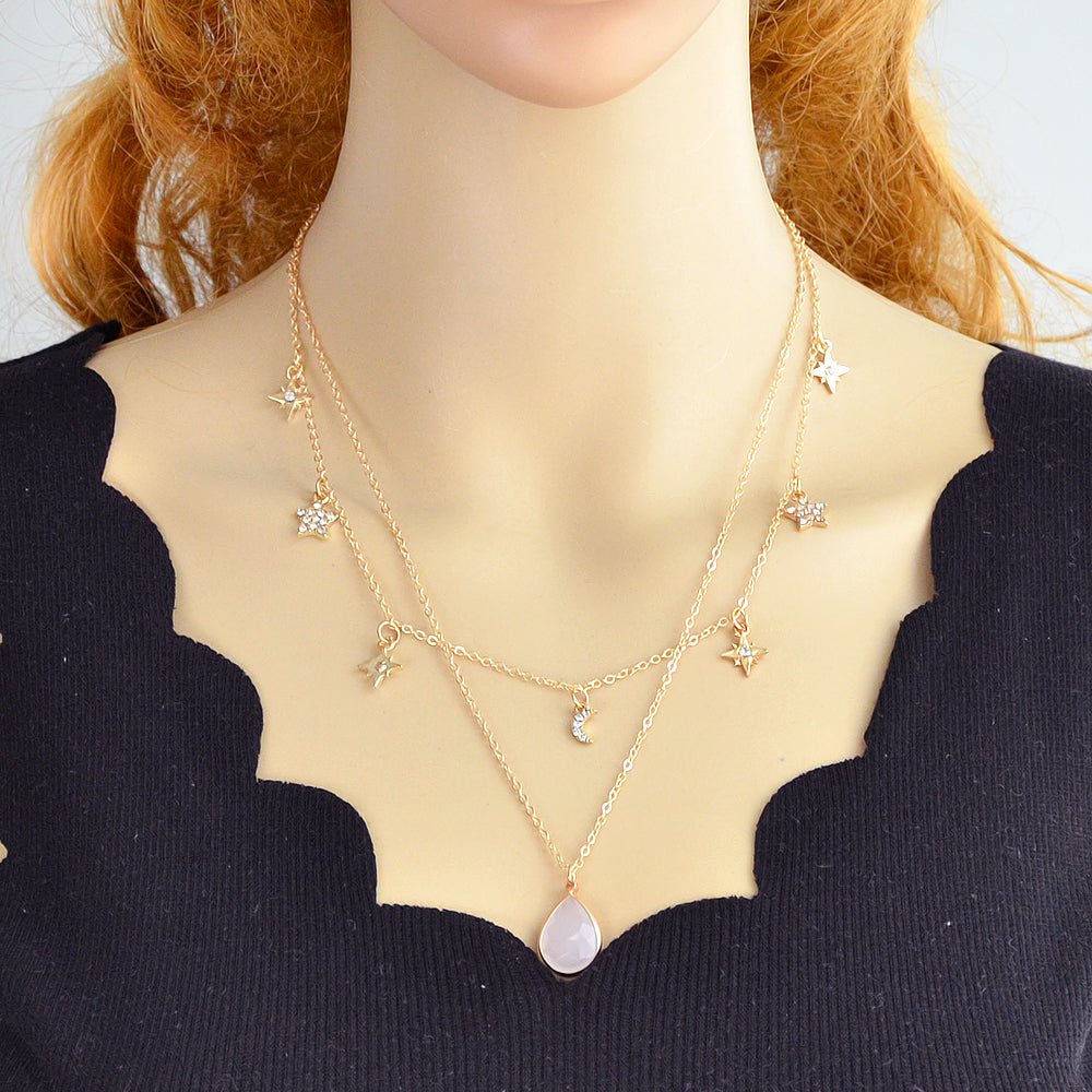 Fashion Double layer Gold Chain Rhinestone Star Moon Water Drop Pendant Necklace
