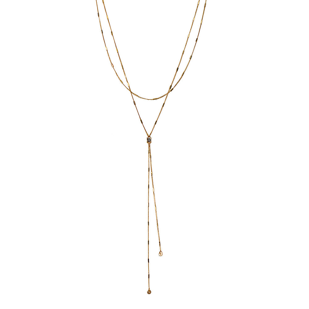 Rhinestone Double layer Long Chain Y-lariat Fringe Necklace Textured Jewellery