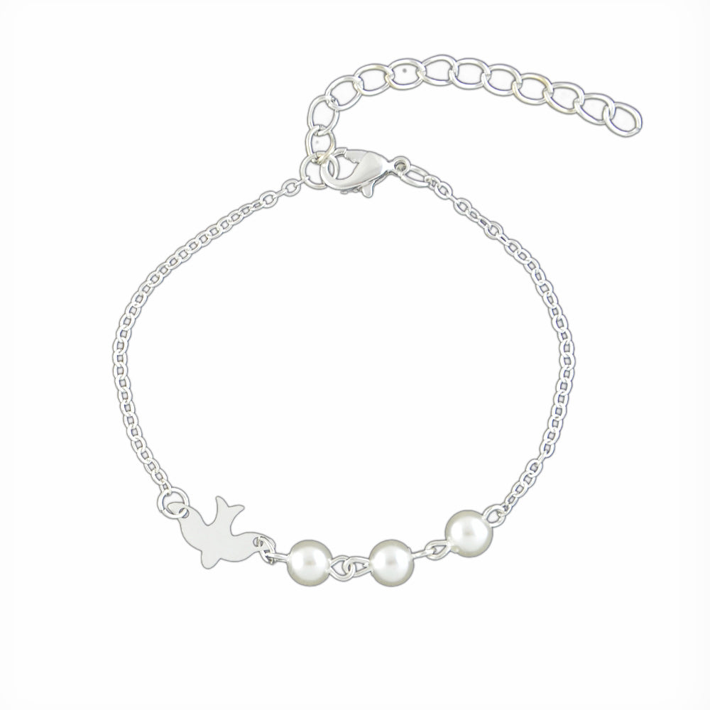 Silver Colour Chain Pearl Decor Bird Bracelet Girls Teens Minimalist Jewellery