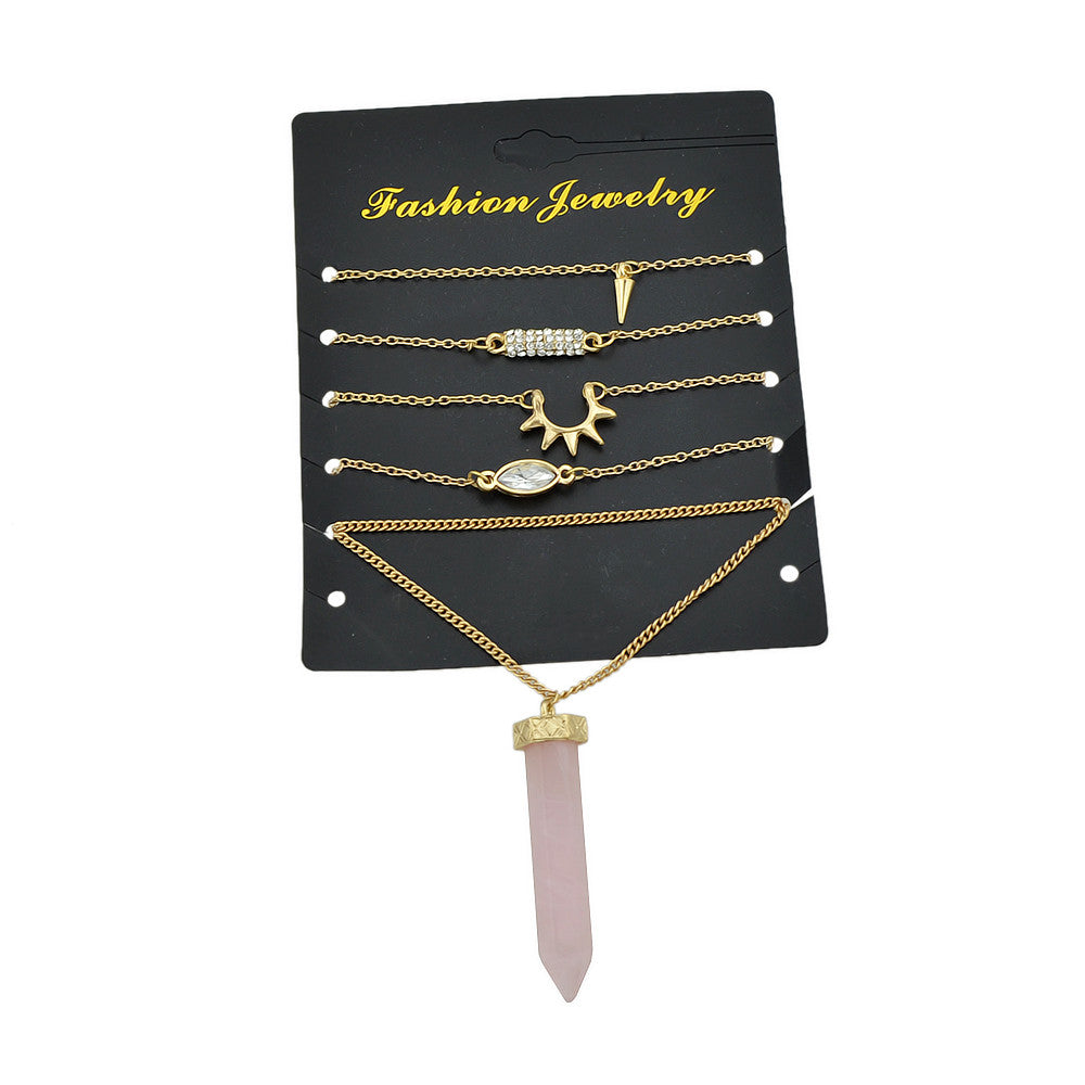 5pcs Boho Chic Gold Chain Rhinestone Spike Pink Hexagonal Gemstone Bracelets set