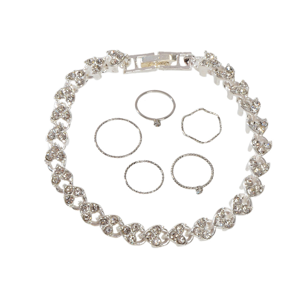 1pc Rhinestone Tennis Bracelet 5pcs Silver Midi Finger Knuckle Rings Set Jewelry