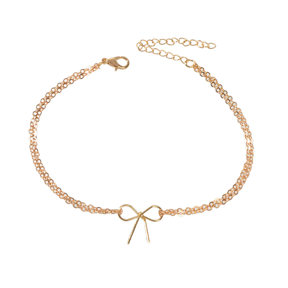 Minimalist Summer Gold Silver Bow Double Layer Chain Anklet Holiday Foot Jewelry