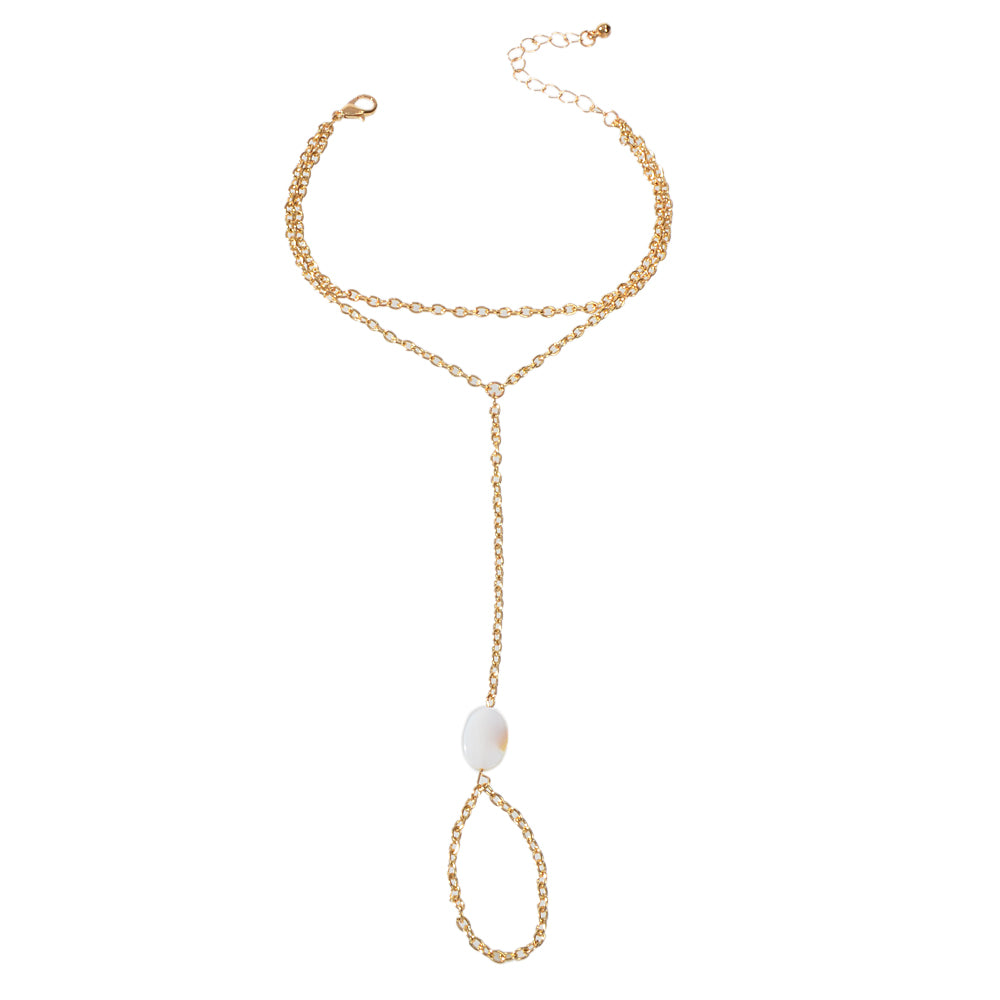 Double Layer Gold Tone Chain Shell Charm Slave Bracelet with Finger Ring Gift