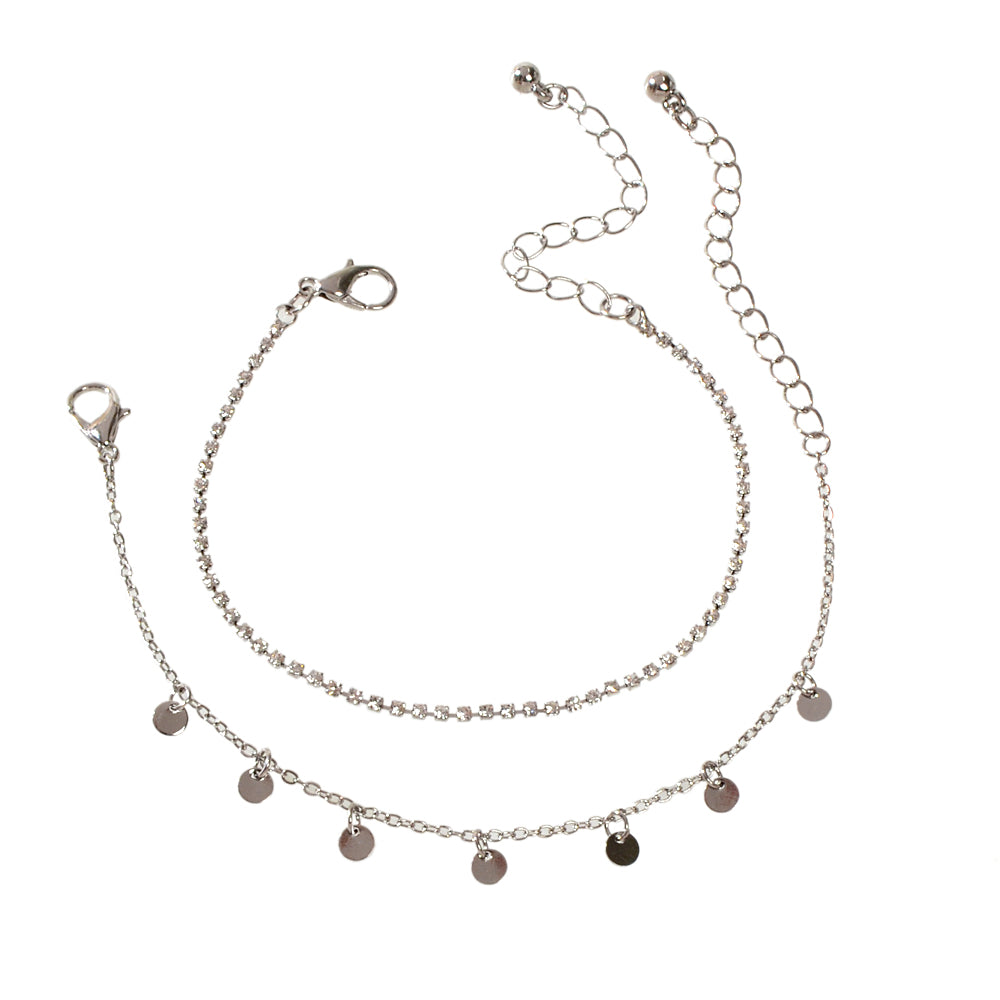 2pcs Women Rhinestone Gold Silver Chain Disc Charm Bracelet Fashion Accessories