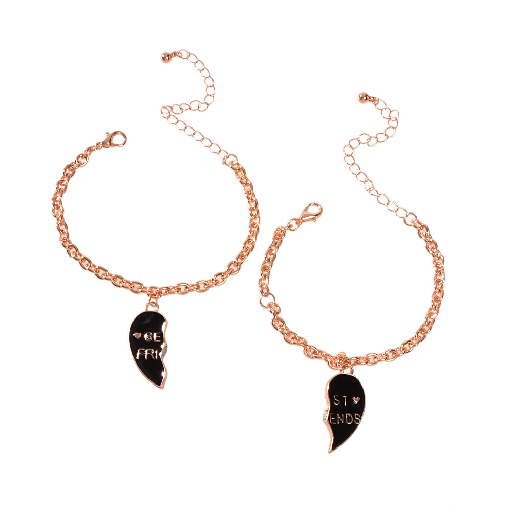 2pcs Rosegold Chain Black Pink Enamel Love Heart Charm Best Friends Bracelet