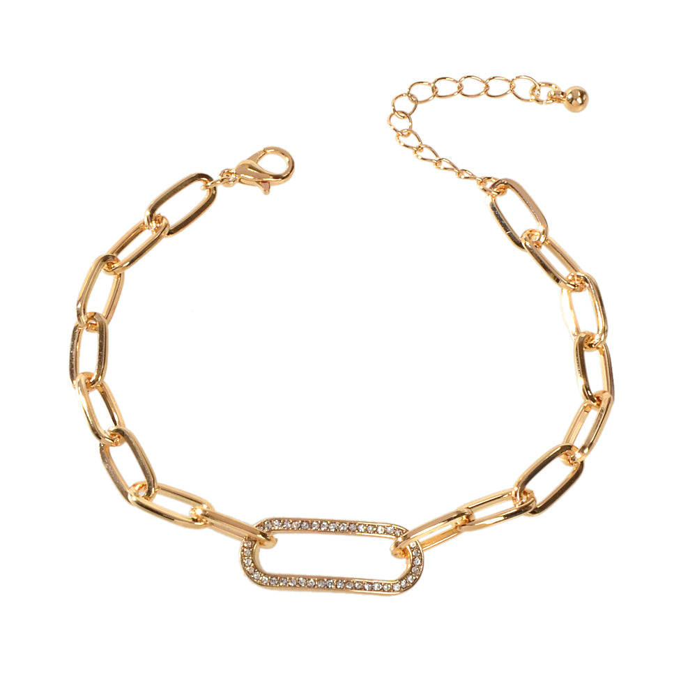 Rhinestone Decor Geometric Gold Chunky Solid Chain Bracelet Women Teens Jewelry