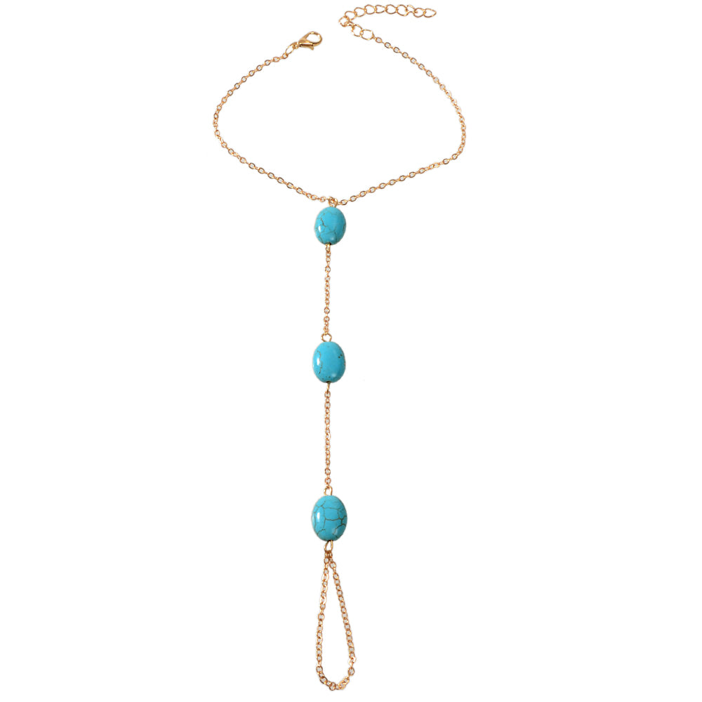 1 pc Bohemian Foot Beach Jewelry Gold Chain Turquoise Beads Anklet with Toe Ring