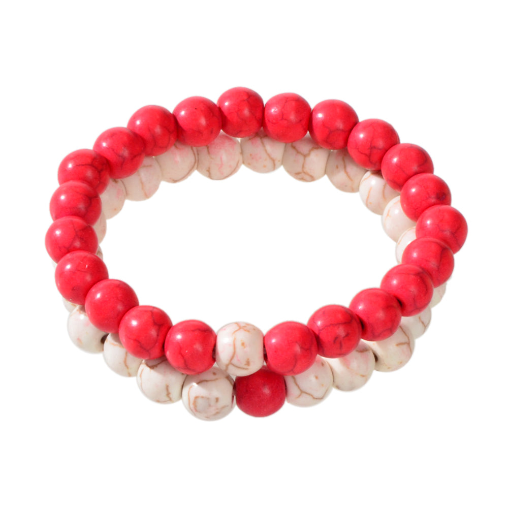2pcs Bohemian Ethnic Handmade Red Beige Beads Turquoise Elastic Bracelets Bangle