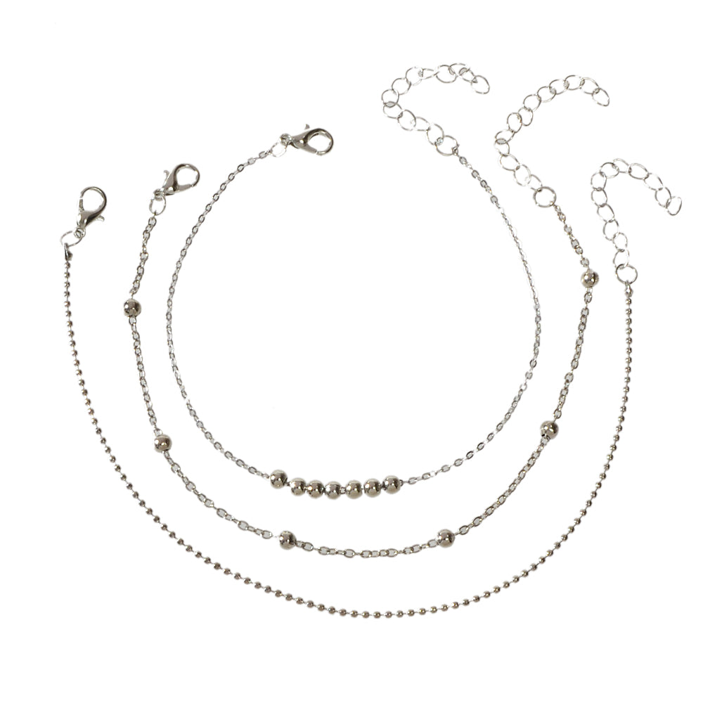 Barefoot Sandals Anklet Bracelet 3pcs Silver Chain Beads Adjustable Foot Jewelry