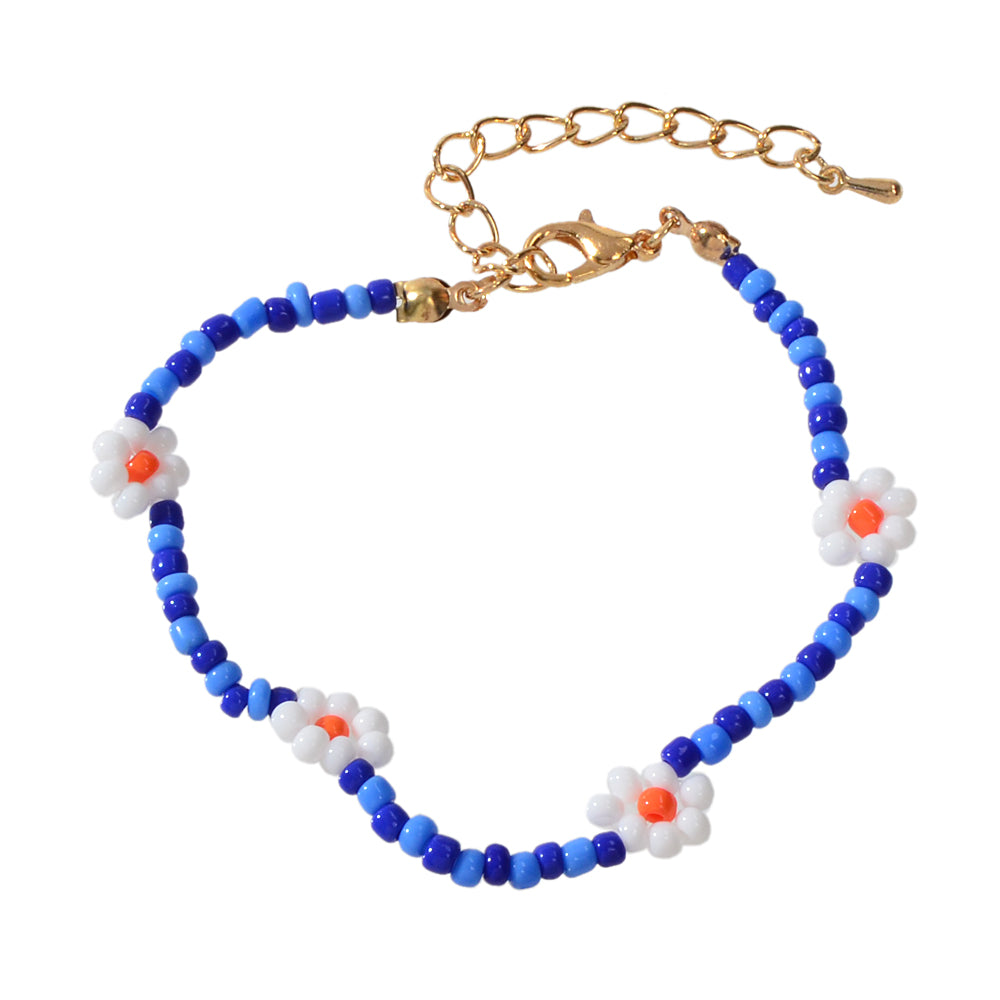 Ethnic Chic Handmade Blue Seed Beads White Flower Friendship Collection Bracelet
