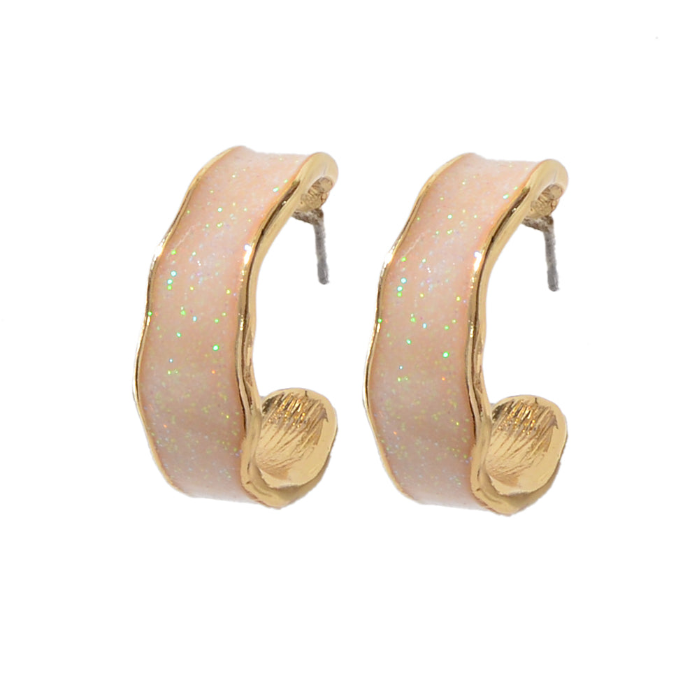 Pink Enamel Circle Shining Hoop Earrings C Shape Stud Teens Textured Jewellery