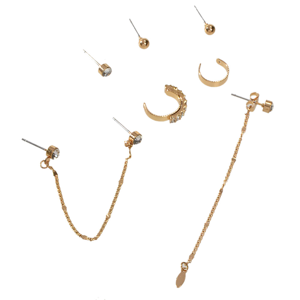 7pcs Unique Jewellery Rhinestone Gold Chain Long Pendant Earrings Stud Ear Cuff