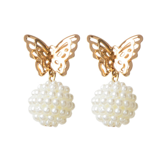 Faux Pearl Ball Gold Tone Butterfly Stud Earrings Women Teens Textured Jewellery