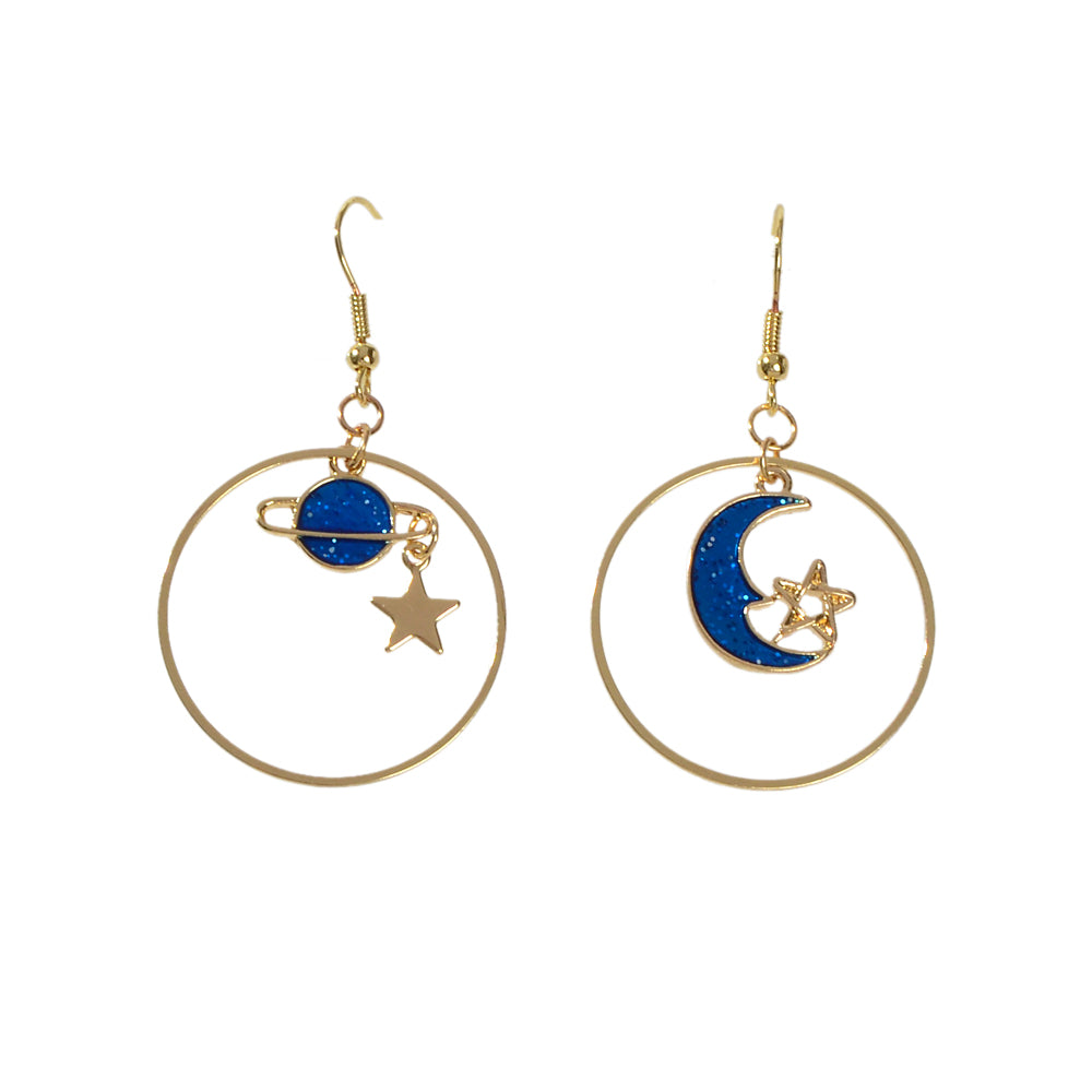 Star Moon Planet Globe Circle Asymmetric Dangle Women Teens Round Hoop Earrings