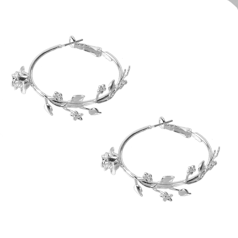 Traditional Silver Leaf Rose Flower Big Dangle Chunky Hoop Statement Earrings
