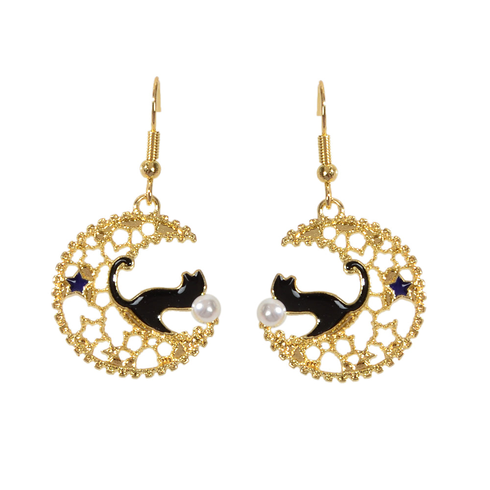 AU Stock Hollow out Lovely Black Enamel Cat Star Moon Drop Dangle Gold Earrings