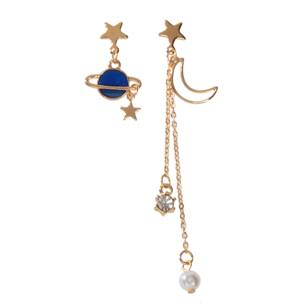 Asymmetric Pearl Rhinestone Decor Long Chain Star Moon Planet Dangle Earrings
