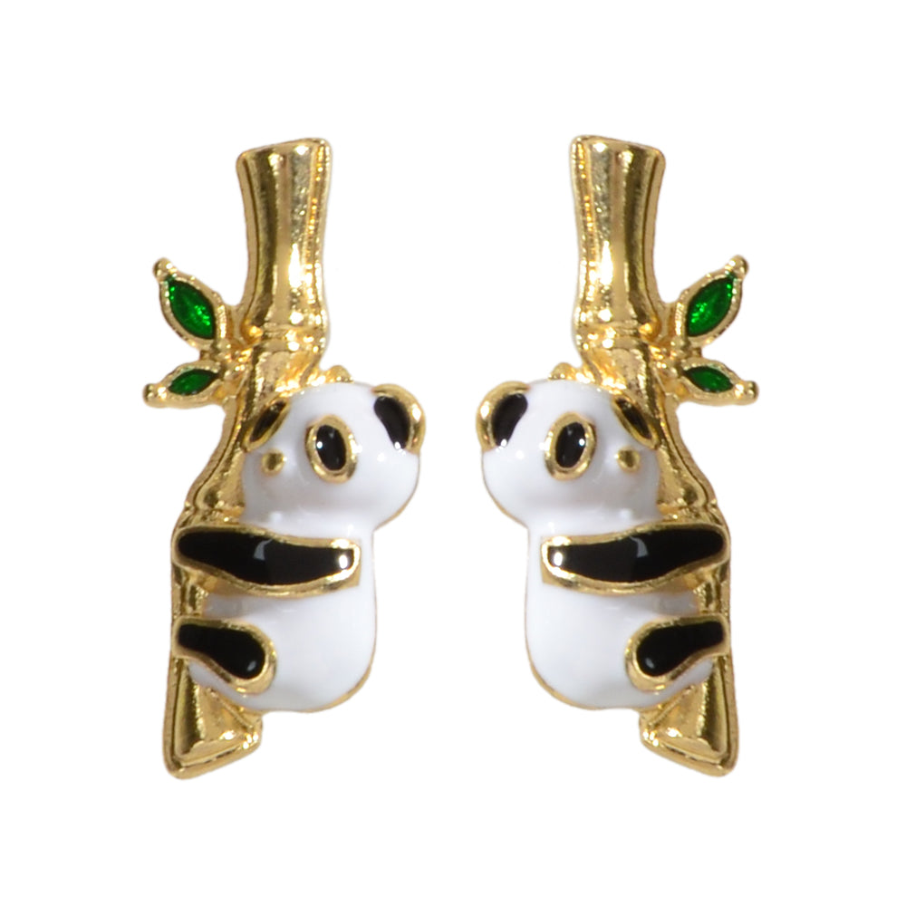 Lovely Gold Bamboo White Black Enamel Panda Stud Earrings Dainty Women Girl Gift