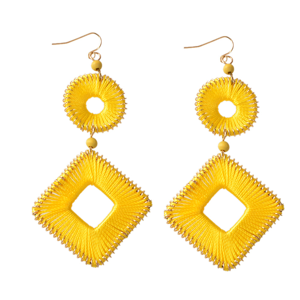 Ethnic India Jewelry Yellow Rope Braided Handmade Round Square Bohemian Earrings