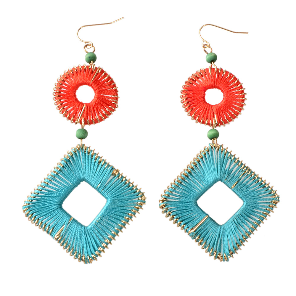 Boho Tribal Ethnic Red Blue Handmade Rope Braided Geometric Traditional Earrings