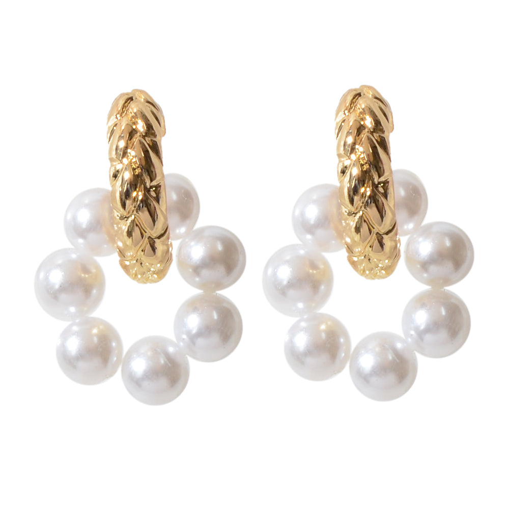 Wedding Engagement Gift Jewellery Gold Metal Pearl Hoop Stud Textured Earrings