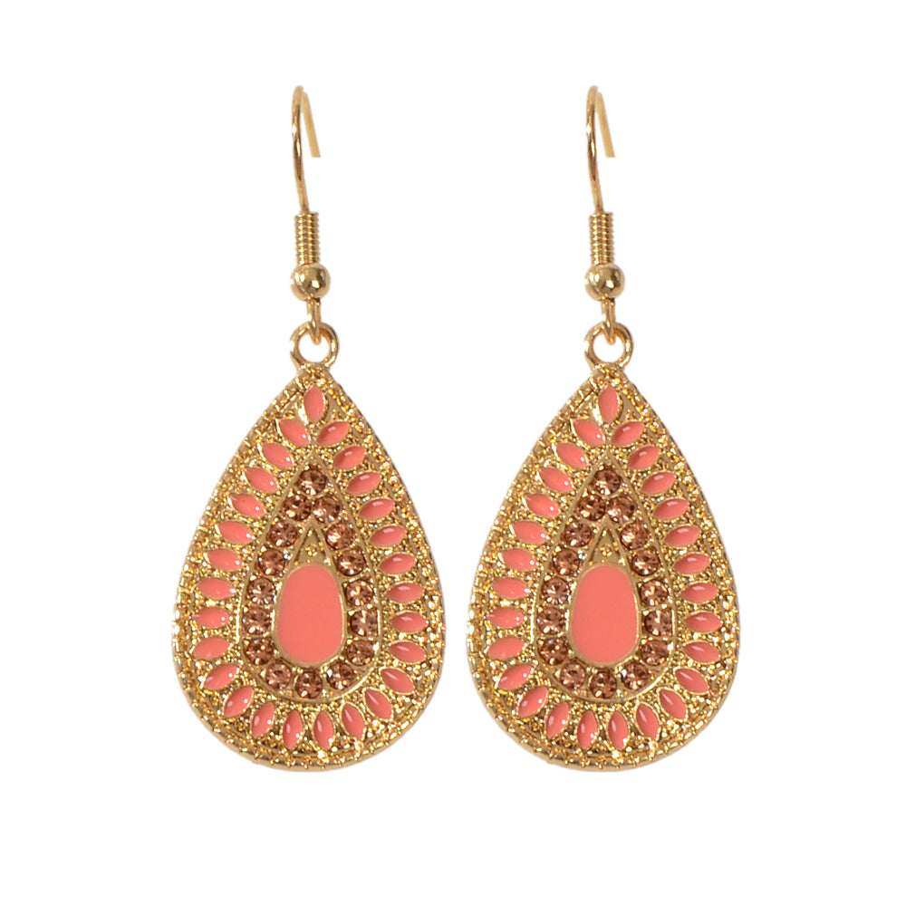 Rhinestone Pink Enamel Water Drop Earrings Teardrop Crystal Dangle Hook Ear Stud