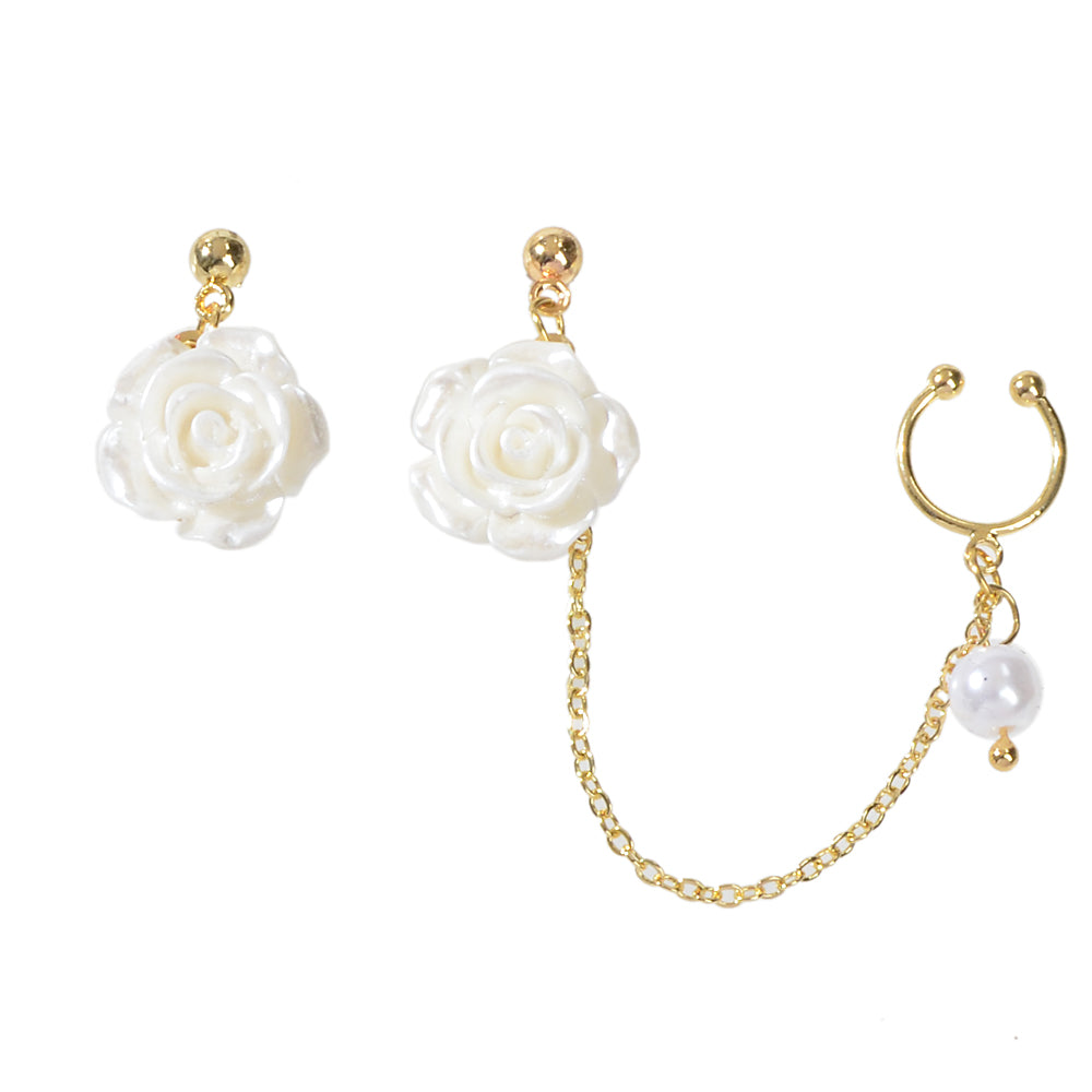Asymmetric Gold Chain White Flower Stud Earrings Ear Cuff Cartilage Jewellery