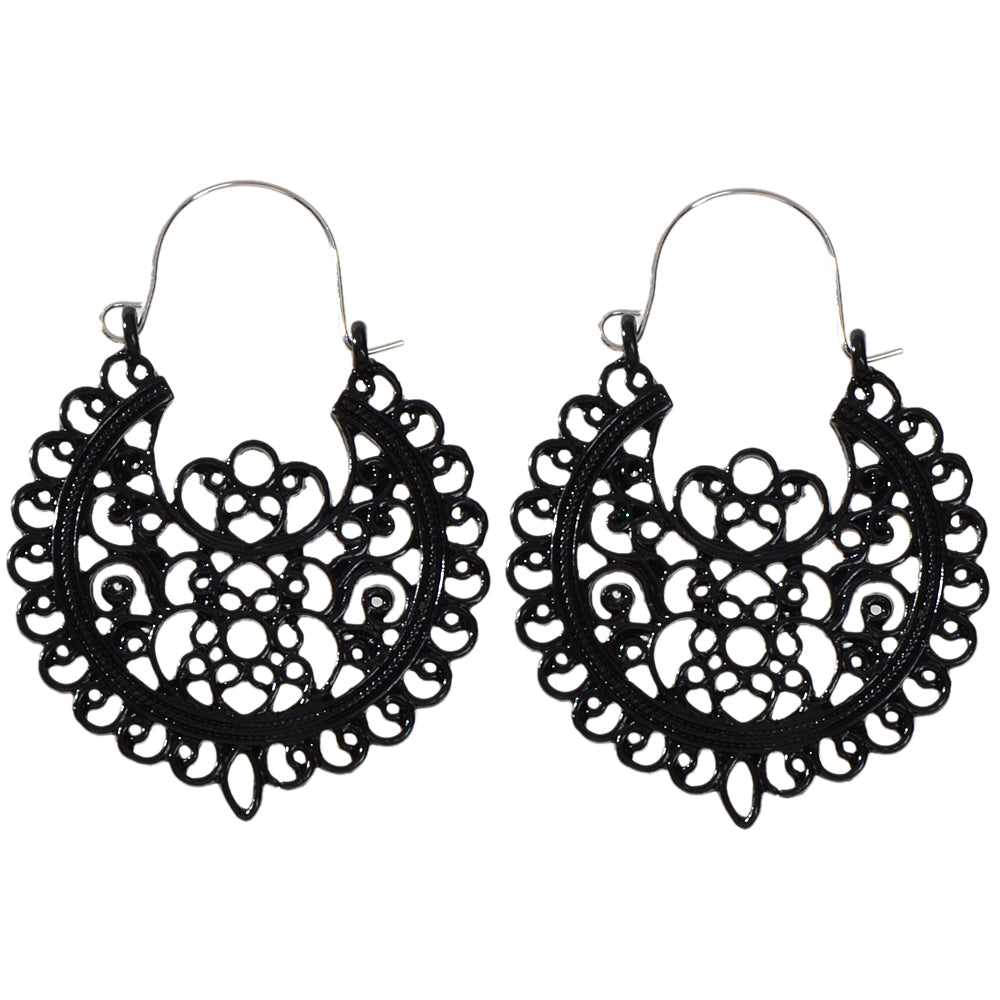 Traditional Black Hollow out Geometric Flower Hoop Earrings Designer Jewellery