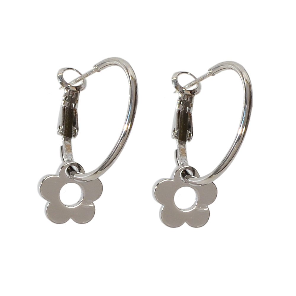 Designer Jewellery Silver Flower Charm Chunky Hoop Huggie Dangle Hoop Earrings