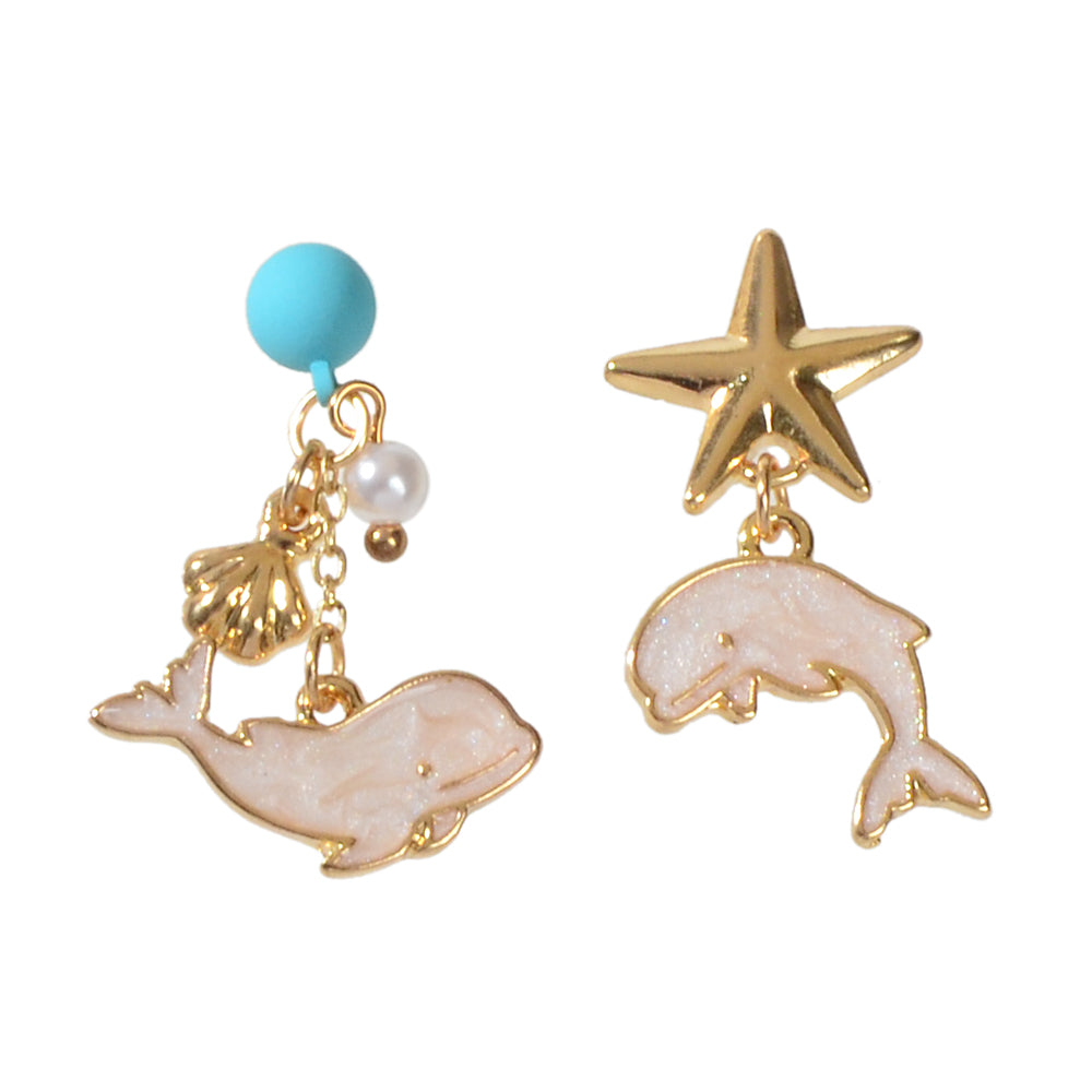Nautical Jewelry Blue Beads Star Shell Dolphin Asymmetric Dangle Ocean Earrings