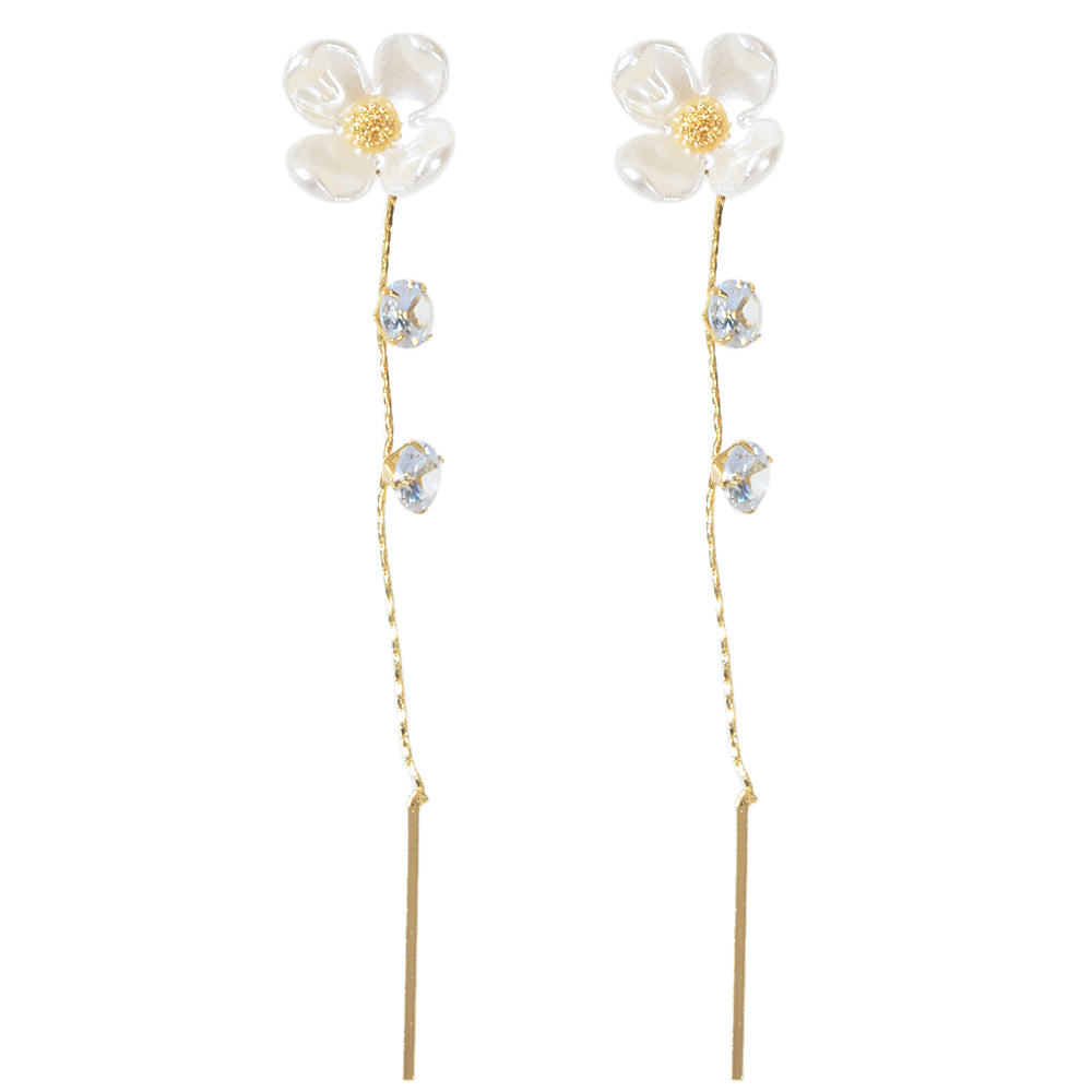 Designer Jewellery Rhinestone White Flower Long Chain Bar Charm Dangle Earrings